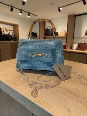 Blue Woven Rattan Bag with Bamboo Top Handle by Savannah  NWT